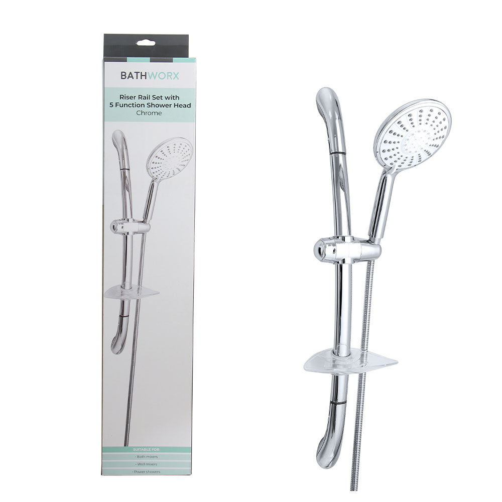 Bathworx Riser Rail Set With 5 Function Shower Head