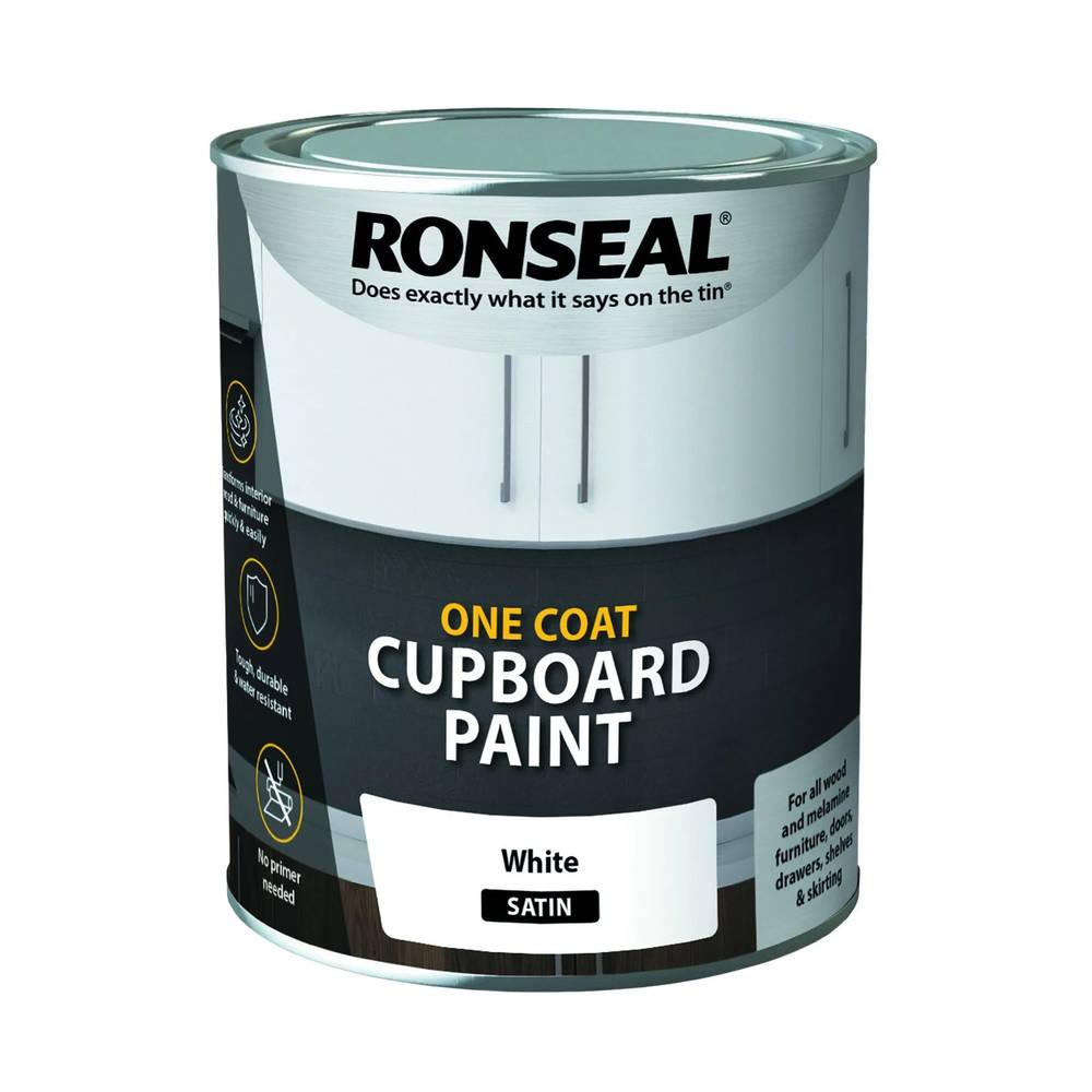 Ronseal One Coat Cupboard Paint White Satin 750Ml
